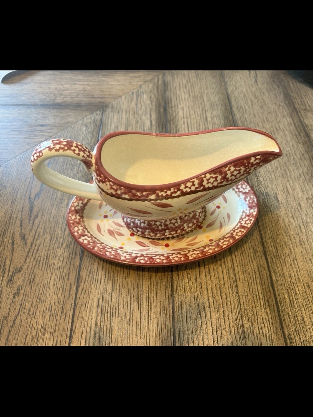 Temp-Tations Red and Cream Floral Ceramic Gravy Boat with Matching Saucer
